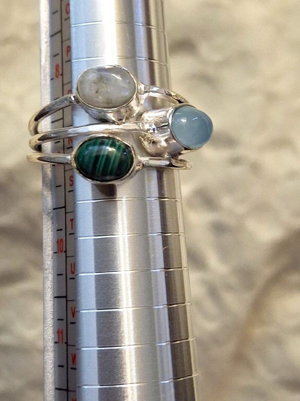 Handmade Sterling Silver Moonstone, Malachite & Aquamarine Ring 14 NWOT